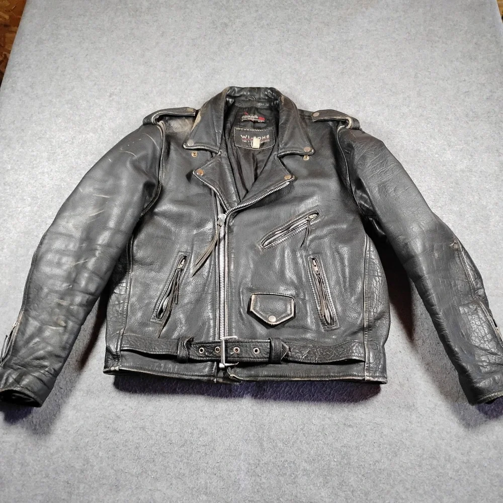 Vintage Wilsons Leather Motorcycle Jacket Mens Black Thinsulate Belted Biker L